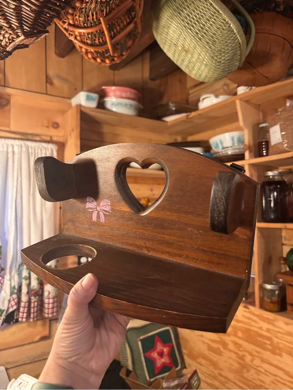 Wooden Heart Cutout Wall Shelf with Bow Accent hair dryer holder bathroom